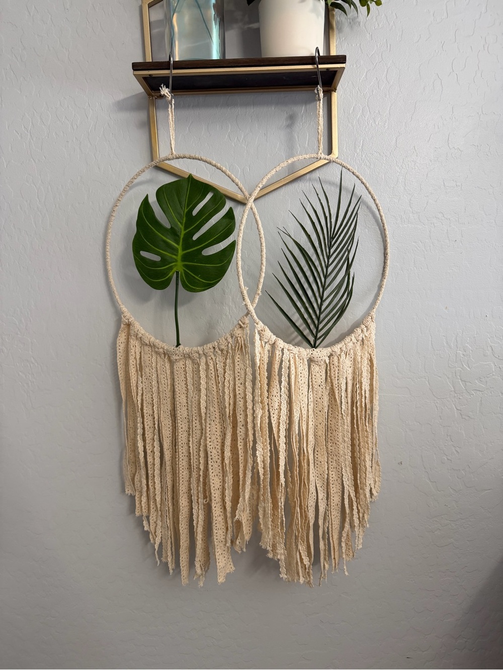 Boho Cream MacramΓ© Wall Hanging with Leaf Accents